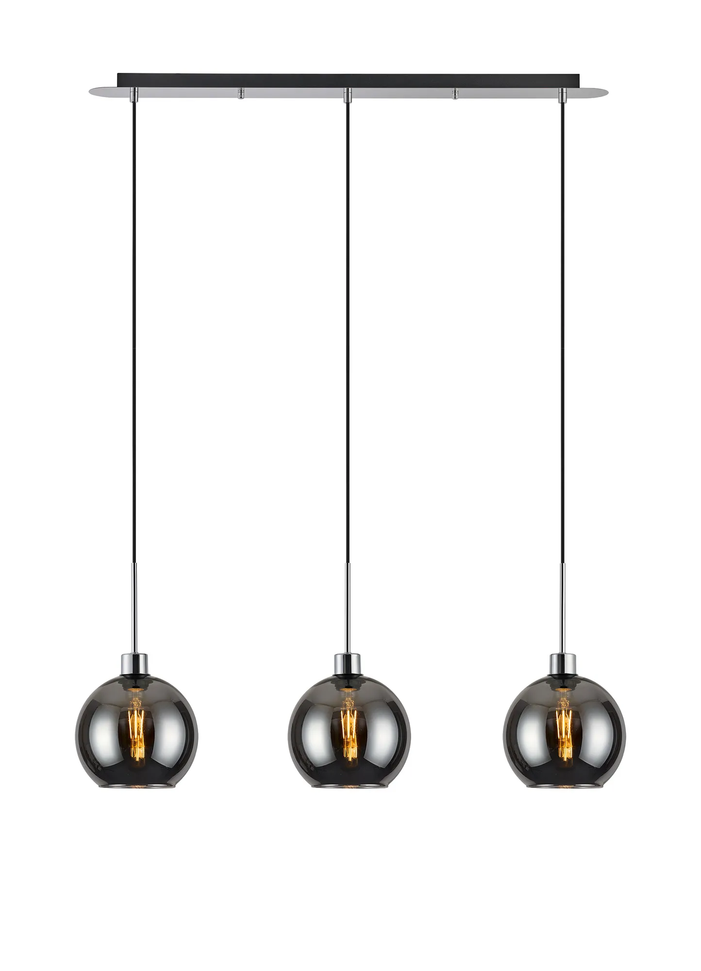 DK1303  Lori Linear Pendant, 3 Light Adjustable E27, Polished Chrome/Chrome Open Mouth Round Globe Shades